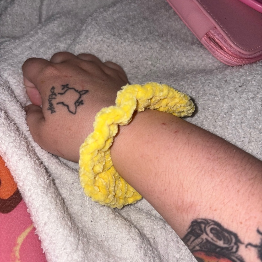 Fluffy yellow crochet scrunchie, made by me!